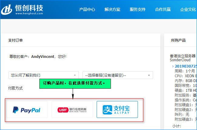订购产品时选择付款方式